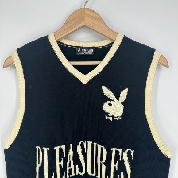 PLEASURES x Playboy Sweater Vest Vintage V-Neck Sleeveless Logo Pullover, Black - Picture 5 of 14